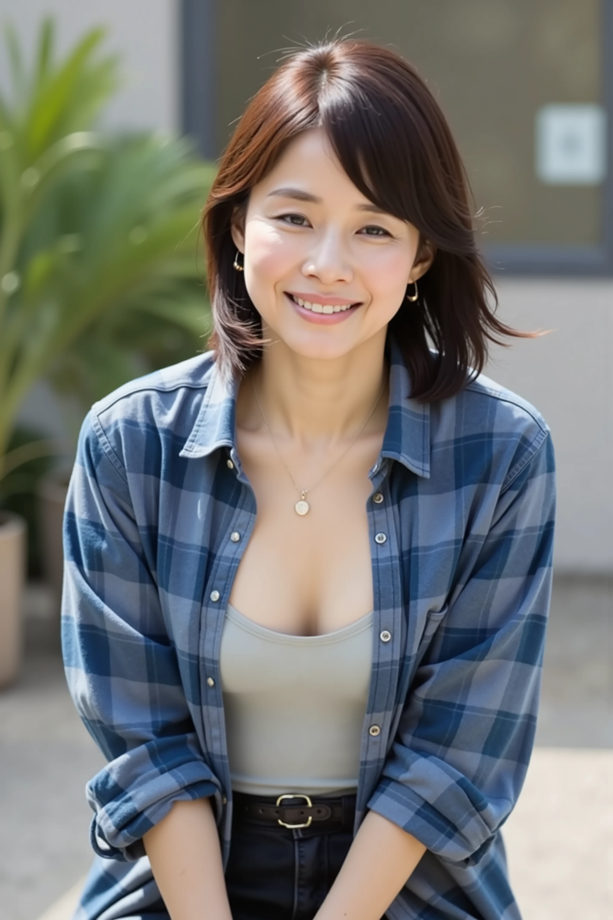 Yuriko Ishida,slightly sexy vibe, nsfw, (masterpiece, top quality, Super Detailed, 8k, raw photos, Photorealistic, Cinematic Lighting),  
beautiful and cute 40-year-old Japanese woman, Healthy slim figure, large, natural E-cup breasts,  Smooth White Skin,  Light-colored t-shirt and、Wears a blue plaid shirt with a loose, open collar with rolled up sleeves, (exposes chest), (( bowing down)), Hands in front of the body, Polite attitude,  her chest is visible through a gap in her neck,((angle taken from the front and slightly above)), ((emphasizes her slanted breasts and visible cleavage,  kind smile)), Slightly blushing, Natural Light Wearing a Yukata in the Morning Glory,  natural moments , warm afternoon sunlight, Soft Focus Background



