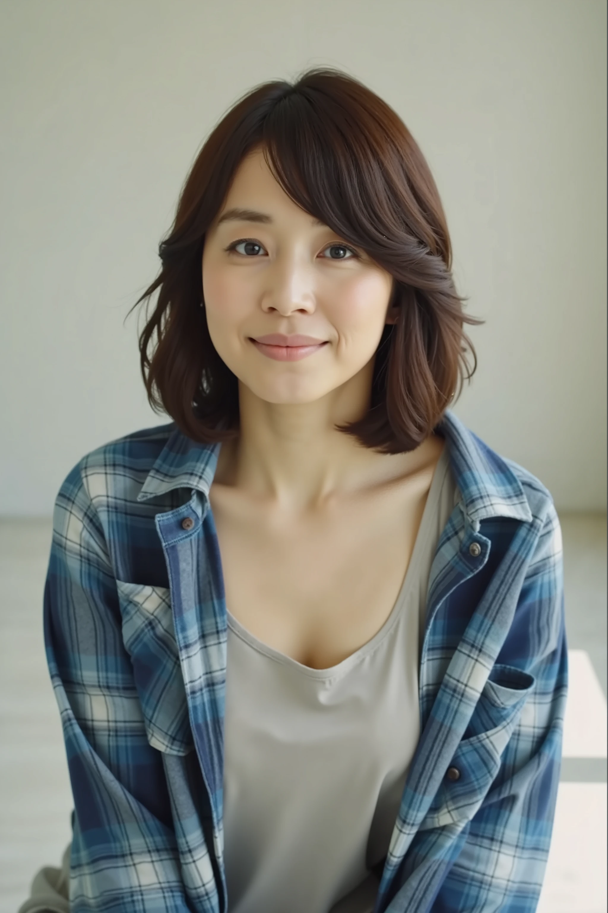 Yuriko Ishida,slightly sexy vibe, nsfw, (masterpiece, top quality, Super Detailed, 8k, raw photos, Photorealistic, Cinematic Lighting),  
beautiful and cute 40-year-old Japanese woman, Healthy slim figure, large, natural E-cup breasts,  Smooth White Skin,  Light-colored t-shirt and、Wears a blue plaid shirt with a loose, open collar with rolled up sleeves, (exposes chest), (( bowing down)), Hands in front of the body, Polite attitude,  her chest is visible through a gap in her neck,((angle taken from the front and slightly above)), ((emphasizes her slanted breasts and visible cleavage,  kind smile)), Slightly blushing, Natural Light Wearing a Yukata in the Morning Glory,  natural moments , warm afternoon sunlight, Soft Focus Background



