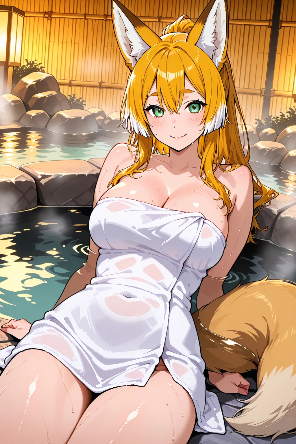 sketch,rubber duck,convenient censoring,leaf,bathing,holding towel,nude,1girl,onsen,steam,breasts,solo,open mouth,blonde hair,collarbone,bath,large breasts,rock,towel,akine \(kuroyuri\)