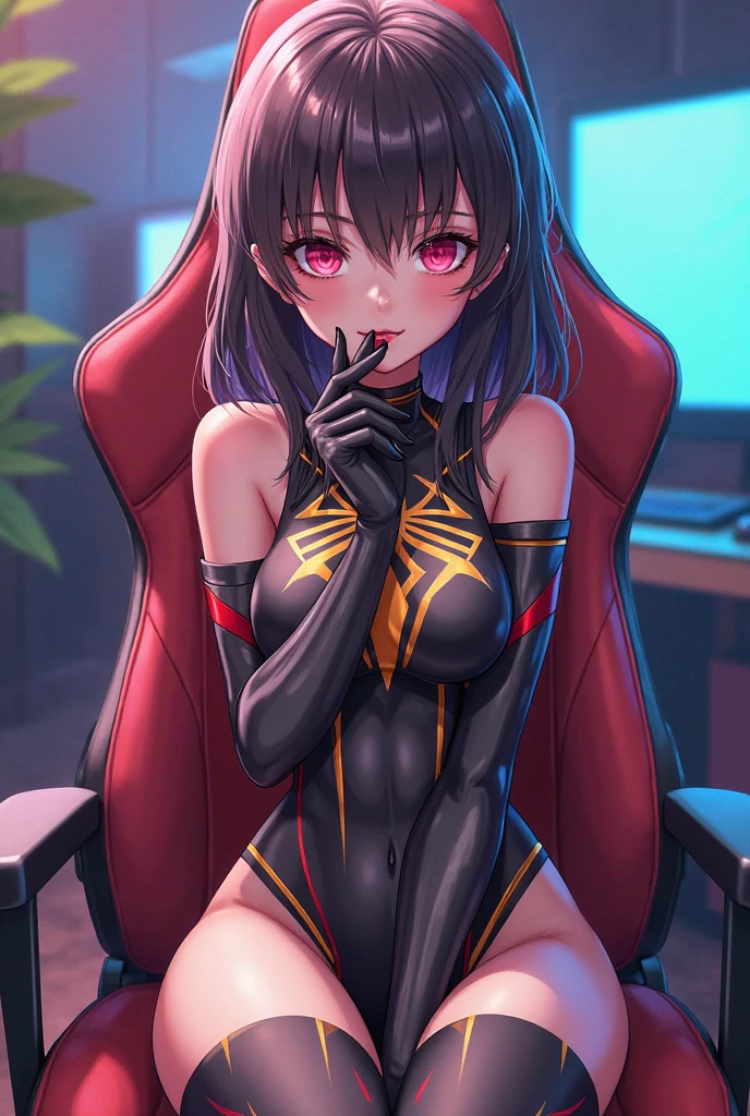 professional artwork, Intricate Details, field of view, sharp focus, detailed painting, photorealistic lighting, trending on pixiv,(masterpiece:1.0),(best_quality:1.0), ultra high res, ultra-detailed, photography, 8K, HDR, highres, absurdres:1.2, Kodak portra 400, film grain, sharp focus, bokeh:1.2, lens flare, (vibrant_color:1.2), (((indoors, bedroom, bedroom details, sitting on bed))), (anime style),
Annerose, 1girl, female mature, black hair, long hair, (((yellow eyes))), large breasts, (((full red bodysuit:1.5))), hair intakes, 35yo,mature female,Beautiful Finger,Beautiful long legs,Beautiful body,Beautiful Nose,Beautiful character design, perfect eyes, perfect face, looking at viewer, official art,extremely detailed CG unity 8k wallpaper, (Beautiful,large_Breasts:1.4), (beautiful_face:1.5), (beautiful_lips:1.5),(narrow_waist), (solo:1.4), (upper body, half body shot),