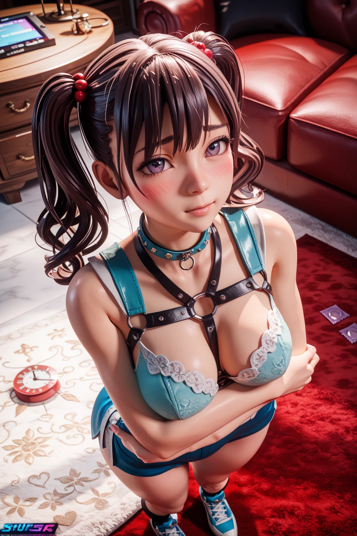 A Female robot is sleeping in bedroom, spread legs, nude, banzai pose. she wears no dress. She Brown short hair is tied with two big red clothespins, She lifts up the under hem of her white plain dress, leaning over, masterpiece, very short pigtails,brown hair, mature, android, blue eyes, full body figure, Height: 160cm, flushed cheeks, 2020s anime picture, A beautiful robot with short brown hair in two short pigtails held up by two very large huge red clothespins, Uplifting, No NSFW, whole body, barefoot, archaic smile, getting orgasm, 25 years old, sweat bucket. 