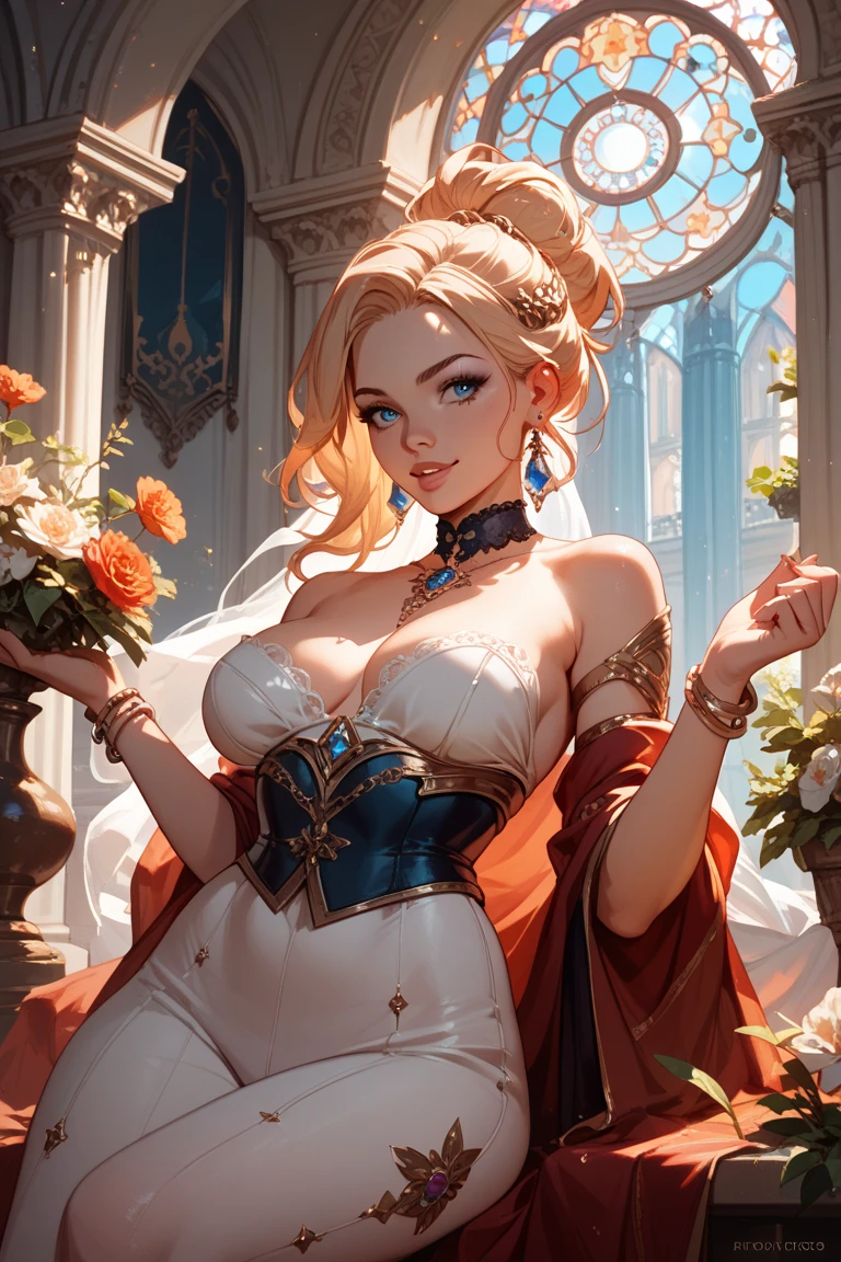 a seductive 30-year-old incredibly beautiful young femme fatale blonde with long golden hair gathered in a high hairstyle decorated with pearls, precious stones, a tiara with orange stones, she has blue eyes, neat seductive luxurious breasts, a beautiful feminine figure, rounded hips, she is wearing a seductive white dress with thin straps, open shoulders, an orange thin transparent shawl. She is sitting near a fountain in a luxurious palace.Realistic image. Masterpiece, perfect image, realistic photos, full-length image, 8k, detailed image, extremely detailed illustration, a real masterpiece of the highest quality, with careful drawing.