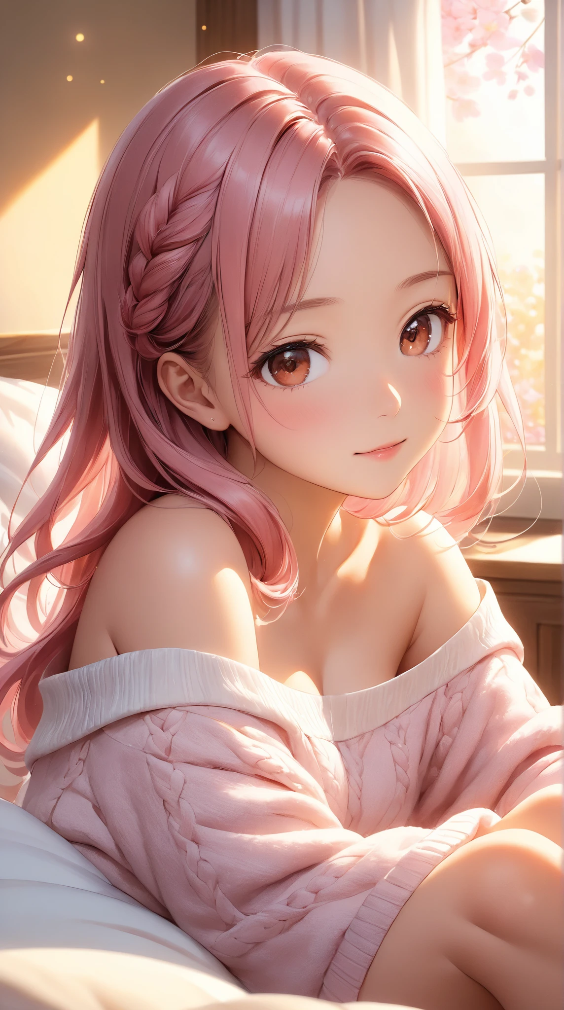 (beautiful elf style), (((tanned skin))) (pov, love style, solo:2, 1000 yo), (beautiful detailed dreadlocks:1.4) (beautiful pink hair long hair sexy elf woman) (beautiful sexy yellow eyes) ((soft smile)) (glossy lip), (small tits), (in a detailed night robe, small tits), break, in the simple bedroom, background best morning sky, BREAK, 16k, masterpiece, best quality, immensely detailed beautiful morning.