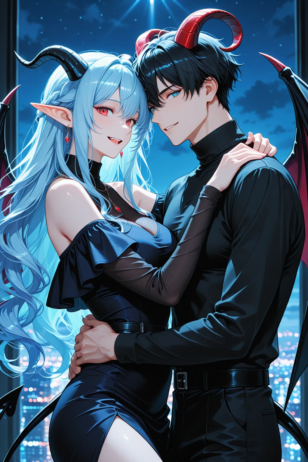 vampire and fairy holding hands, moon in backround