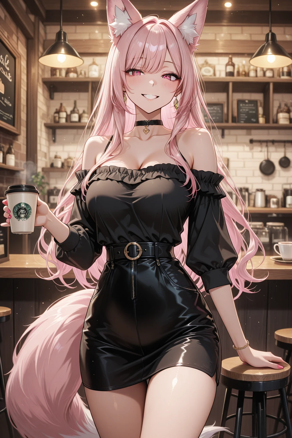 EchoSaber Art Style, solo, 1girl, pink hair, long hair, hair over one eye, yellow eyes, black sweater, black shoes, cup of coffee in hand, cafeteria, coffee shop, sitting on individual bench, facing away, turning your back, solo, 1girl, long hair, hair over one eye, yellow eyes, black sweater, black shoes, EchoSaber Art Style, cup E, huge Breasts, ((huge tits)), huge