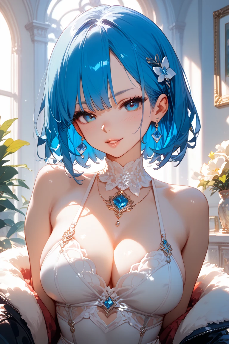 (highest quality, High resolution:1.2), 1 girl, nsfw、detailed and beautiful eyes, blue hair、short hair、rezero rem、Rem dense and beautiful lips, highly detailed eyes and face, long eyelashes, Moderate:oil, Bright colors, HDR, studio lighting, Ultra-fine painting, sharp focus, Physically based rendering, extreme details, portrait, curved body, Moderate胸, perfect shape, show your armpits, Face-to-face audience, sweaty, nice, Raise the hand, Half-body photo, displayed in full frame, lace sexy underwear,babydoll、naked、exposed chest、nipple