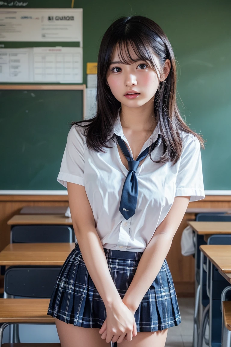 (Japanese High School Uniform:1.3)、Blue Skirt、((Spread your legs)),8K、High resolution、masterpiece、Realistic、In detail、Fine texture、Head-to-toe portrait、alone、high school girl、Natural body shape、White skin、Natural Makeup、Are fat、Black Hair、bangs、Long Hair、Spread your legs座る、(Huge breasts:1.3)、((School classroom))、Looking into the camera、Full body photo、Focus on the crotch、Exposing thighs、((Place your hands behind your head))