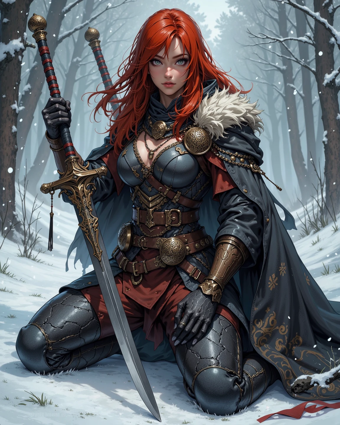 SKYRIM, Aela The Huntress with long red hair braided, (skimpy Corset), small breasts, ((cleavage)), tight bosom, beautiful face, young body, ((slim athletic body)), standing in a snowy field, holding a bow, winter landscape, dramatic lighting, detailed facial features, intricate armor details, volumetric snow, glowing magical runes, cinematic composition, mist, cold atmosphere, photorealistic, 8k, highly detailed, masterpiece,((Viking face paint)), ((beautiful detailed eyes)), ((beautiful detailed lip)),