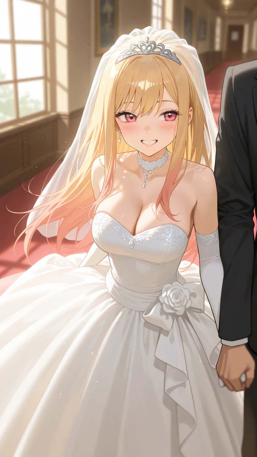 ((best quality)), ((masterpiece)), (detailed), （perfect face）、This woman is Tiare, have green eyes, medium length blond hair, 並且wearing engagement ring.、woman dressed gorgeously, 閃耀著珠寶的Wedding dress, Wedding dress, Wedding tiara chain with gorgeous jewelry, Gorgeous jewelry earrings and other gorgeous, Dazzling accessories, and was led by a solemnly clad, bearded, Older man leads her wedding on red carpet in church.、A man is a person of dignity, bearded old man, Very rich, wearing luxurious clothes，wearing engagement ring.
