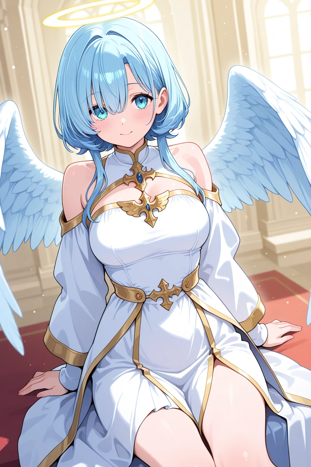 Ultra-realistic photo of a girl in a majestic white and golden ball gown dress, big beautiful dress, Intricate billowy ball gown with lots of ruffles and rhinestones (highest quality, table top, ((angel wings:1.2))。 art station, fantasy art:1.2), palace room, beautiful cute girl, Re:Zero&#39;s Rem、(blue short hair:1.3), Hide one eye with bangs、(intricate gold short skirt, barefoot:1.2, full body shot)、very big breasts、white panties