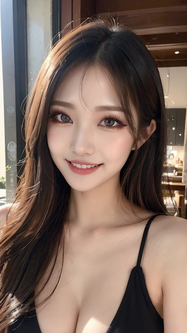 ((Best quality, 8k, Masterpiece :1.3)), 1girl, smiling, full body, slim face, Pretty woman, (Dark brown hair), full length dress :1.1, Ultra-detailed face, Detailed eyes, Double eyelid, blur background, slim face, city, outside, street,