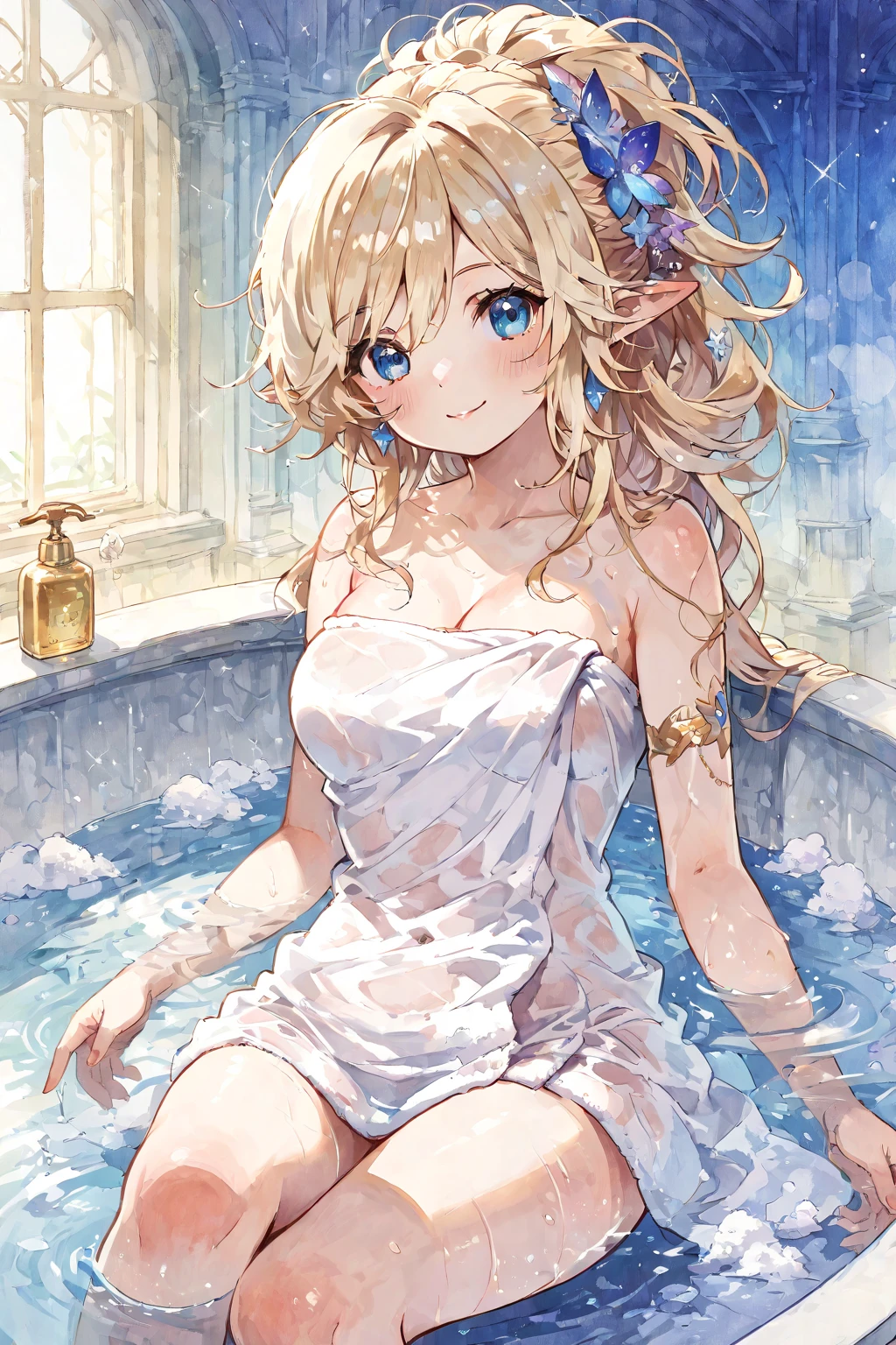(nsfw 1.1), ((1girl)), ((masterpiece)), realistic, ((highly detailed:1.3)), beautiful elf princess bathing in a marble tub, ((very long blonde hair)), wet hair, wearing a sheer bathrobe, clothed bathing, ivorygoldai, royal palace bathroom setting, steam, ornate marble tub, (rose petals floating in water:1.3), early morning light, windows, crepuscular lighting, dynamic pose, dynamic angle,