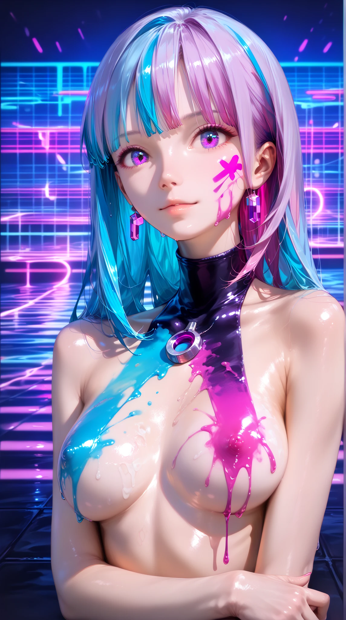 (photorealistic:1.8, highest quality:1.8,8K masterpiece:1.8,High resolution,muste piece:1.8,RAW Photos,cinematic lighting),No split screen, cyber punk、back alley at night、rain-soaked ground、vapor、
(1 android girl:1.3)、Completely naked、full body tattoo、choker、beautiful breasticro bikini、beautiful butt,beautiful thighs,plump nipples、Nipples are visible through the costume,cameltoe,Body painting with a pop design drawn all over the body、pop art design、cutting edge fashion、conceptual art、
(Beautiful shining purple blue and white hair:1.5)、Impassive