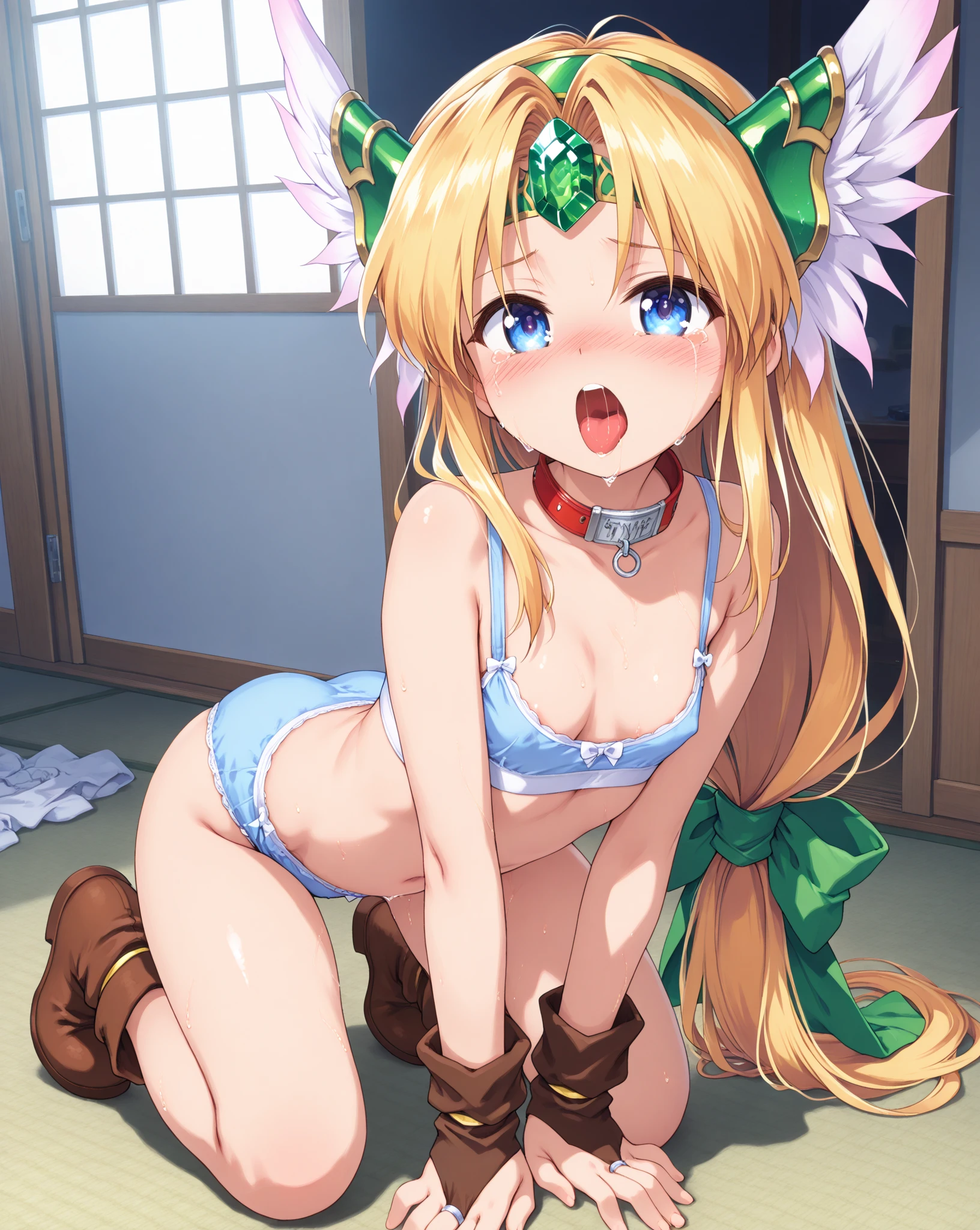 ((masterpiece, best quality)),high resolution,ultra detailed,8k,16k,detailed background, perfect lighting,detailed beautiful eyes,1girl,nsfw,embarrassed,blush,look at viewer,show off nipple,show off breast,show off pussy,clitoris,steam,sweat,wet,seductive eyes,(close up face,from above:1.2), (pov:1.4),(front view:1.2),fisheye lens,open mouth,stick tongue out,1boy,1penis,(vaginal,sex:1.3), penis in pussy,(happy smile:1.2),show off pussy,cum in vagina,pussy juice,boy on top,face to face,in heat,spoken heart,open arms for viewer,half closed eyes,qingque,blond hair,low twintail,hairclip,green eye,,kawaii,over size head,teenage,small breast,old chinese house,night sky