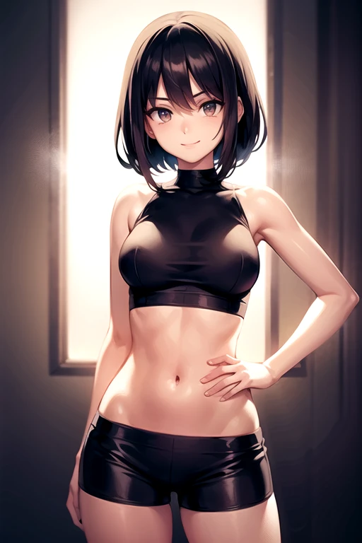 (1 femboy:1.5),(dark skin:1.5),(masterpiece:1.2), highest quality, High resolution, unity 8k wallpaper, (fine and beautiful eyes:1.6), highly detailed face, perfect lighting, Detailed CG, (perfect hands, perfect anatomy),20 years old, (black hair:1.3), detailed eyes, best quality, extremely detailed, very precise detailed, (glasses:1.4), , (straight hair:1.5), (evil smile:1.3) , (blush:1.3),(very short pixie cut:1.4),(blunt bangs:1.4), (greaming skin:1.3),(flat chest:1.5),(tank top:1.5),(open mouth),(bike shorts),(leaning_forward:1.4),(from side:1.2),looking_at_viewer,,(kneeling:1.4),