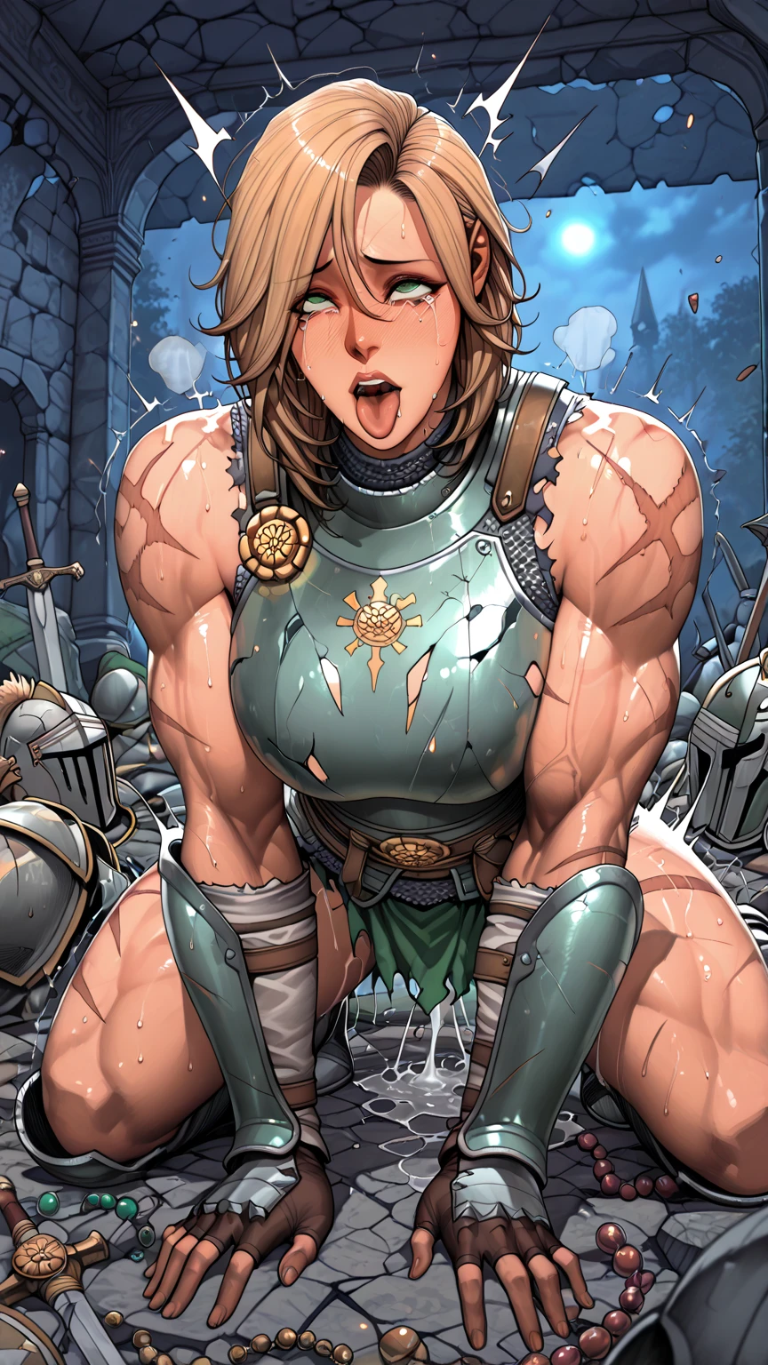 (high resolution, pixel perfect, realistic, gorgeous illustrations), (hyper quality, muste piece, etheric: 1.4), ((((nsfw)))), (((1girl))), full body, (((dark skin))), (((((((pussy, fingering, schlick, masturbation))))))), (((((((sitting))))))), tattoo, mature woman, cool atmosphere, blonde hair, (((((((straight hair))))))), ((Exquisite face)), ((orgasm)), (((blush))), (((((((muscular))))))), ((thick thighs)), (((wide hips))), ((Big breasts that are about to burst)), fighter, (((woman))), ((((wh_chi_armor)))), lewd woman, (shiny skin), ((((gleaming skin)))), (((sweat))), simple background, ((((bukkake)))),
