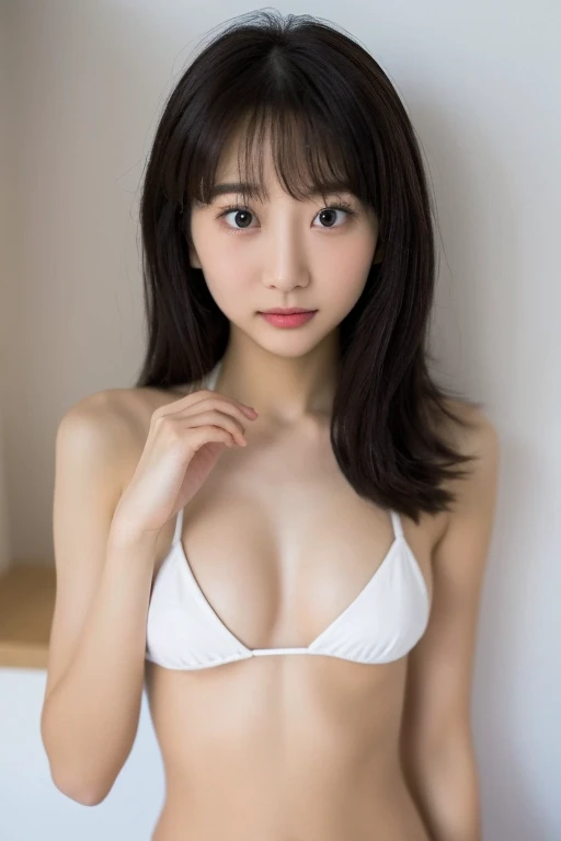 (8k resolution, RAW photo format, high-quality, masterpiece:1.2), extreme close-up macro shot focusing solely on the upper chest area, filling the entire frame. The lighting is meticulously crafted to enhance fine details, textures, and patterns of the clothing or skin. One Japanese thin woman 20 years old very flat chest is wearing tight-fitting thin micro-bikini, stand straight and the camera view from her head, The skin is soaking wet by hard rain, sperm shot at cleavage, hard nipples are see through the bikini,  The shot captures intricate elements such as fabric weave, skin texture, and any embellishments in sharp, vivid detail. The background is completely blurred or neutral to ensure that the emphasis remains entirely on the chest area, with high precision and clarity akin to macro photography. nsfw,
