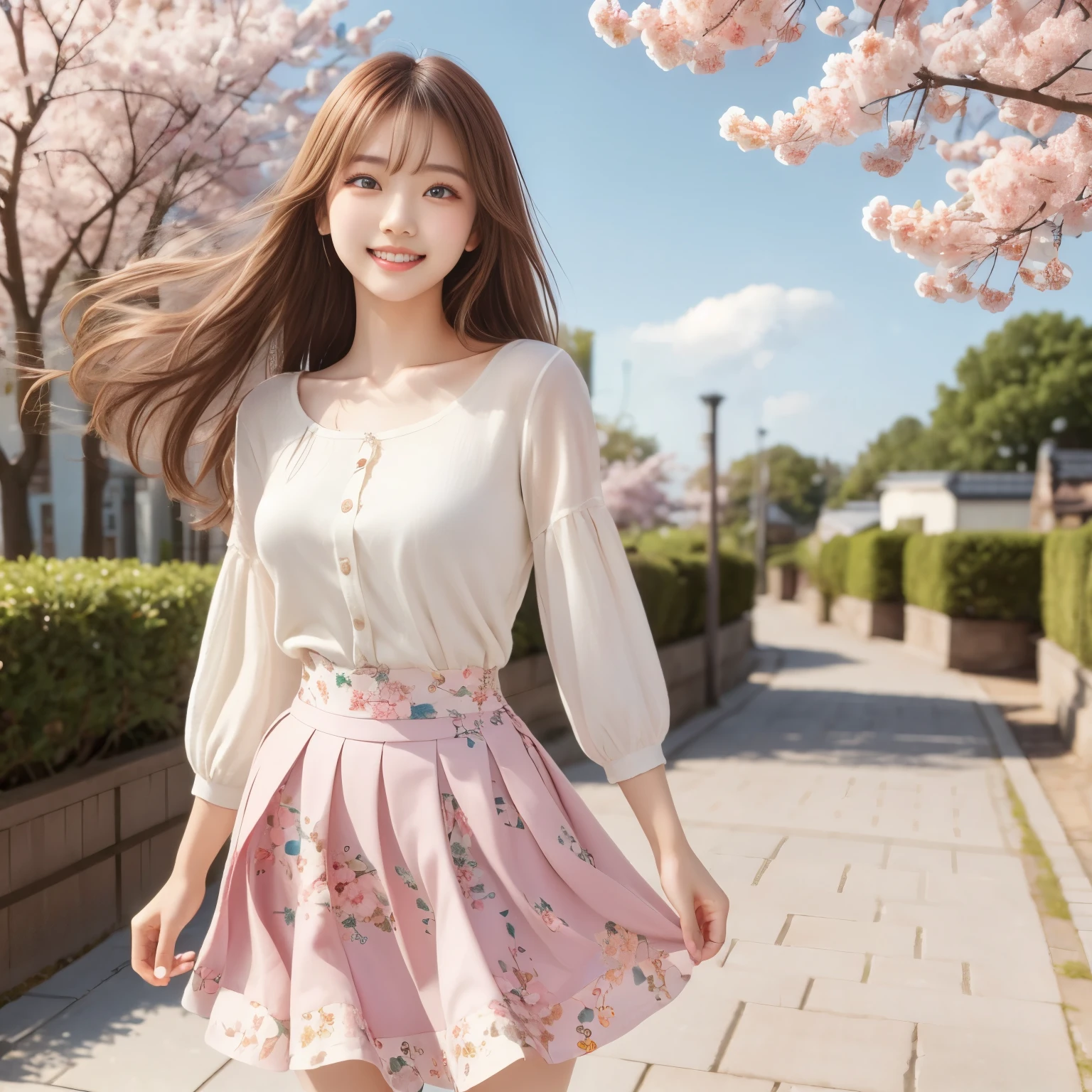 (masterpiece,best quality: 1.4),(8k,raw photo,photo realistic:1.2),shiny skin, detailed skin,detailed face,detailed eyes,Japanese idol,beautiful face,cherry blossom trees, under cherry blossom trees, one beautiful woman, beautiful Japanese woman, well-developed face, model figure, (long hair: 1.2), (dress: 1.3), (happy smile: 1.2), (standing),(wind is blowing her hair and skirt:1.4),lolita1,dress,flower