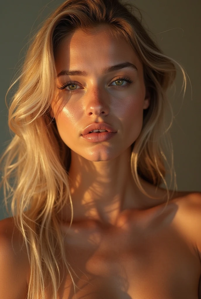 Very beautiful blonde woman, suntanned, with freckles, high-resolution 8k photo, cleavage