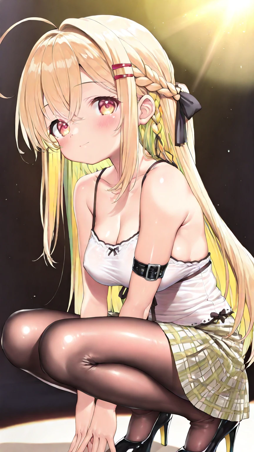 masterpiece, best quality, 1girl, soli, long hair,tank top, short skirt, blond hair, detail body, armpits, seductive pose, 3D, twintails, blond hair, green eyes