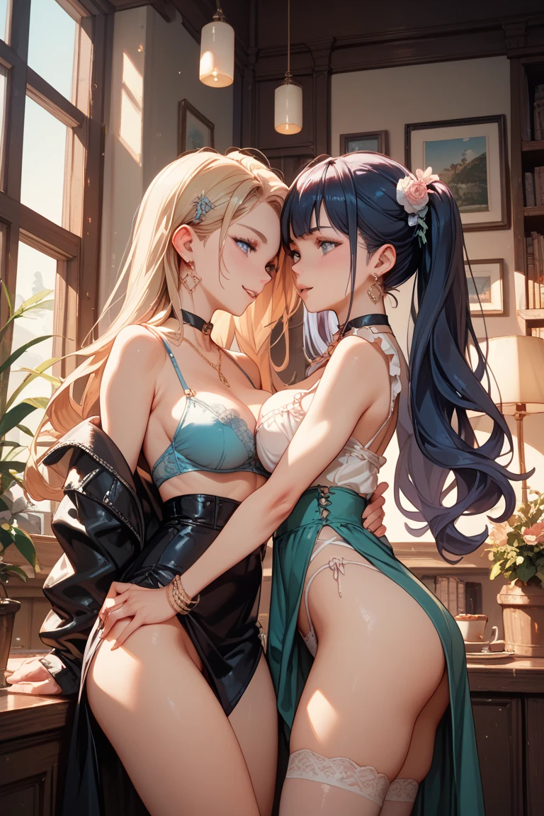 8k, 4K, Best Quality, High resolution: 1.2), (Masteristic, Realistic, Photoreal: 1.4), Two Women, Beautiful face, she is smiling、Shining Lipin Eyes, Blue eyes, Beholder, Fair skin, White skin: 1.5), fine complexion, full body Esbian,, Big, Big, long green hair color、bangs, Hair ornaments, with two sides up,, young, White T-back、s asack-view、White T-back that digs into your butt、She just wears a thong in return、big butts、Colossal tits、H-cup、Exposed nipples、It emphasizes your butt、full of sweat、Tied with a rope、they hug each other and love each other、They're kissing、garter belt attached to the waist、Wearing high heels、cat ear、is in estrus、Naughty mood、Rubbing each other's
