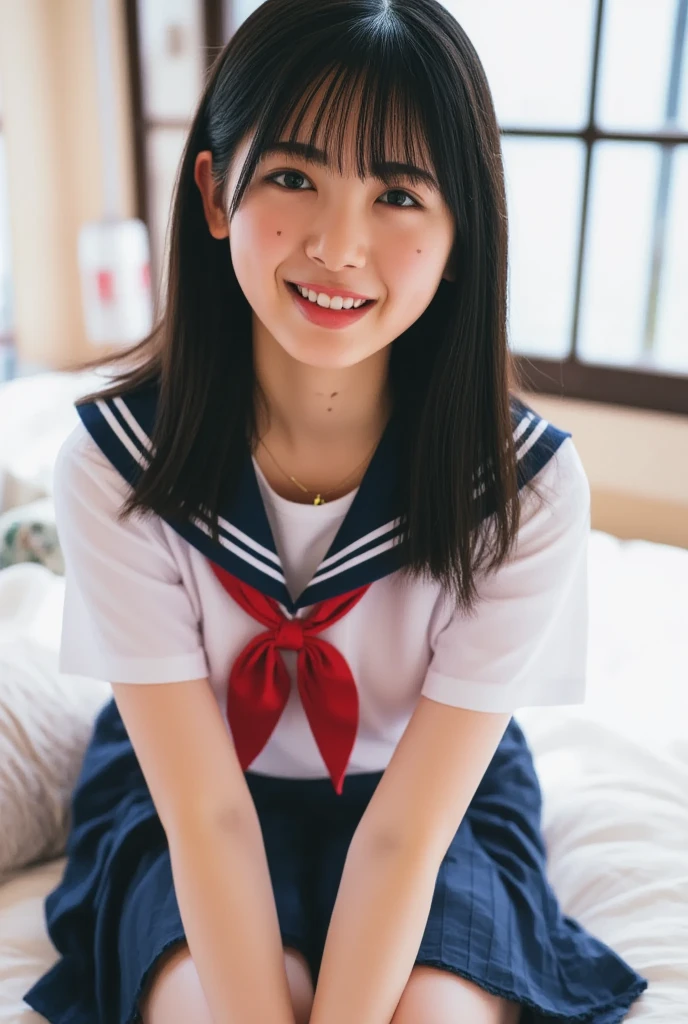 One girl, short hair,Black Hair,smile, summer, room,Sitting on the bed, Raise your arms and stretch,Legs together,Hold your head high,Junior high school freshman, Looking down, Sailor suit,front,Upper body close-up,transparent, (masterpiece, Highest quality), Soft Light, Structure of the film, Cinematic