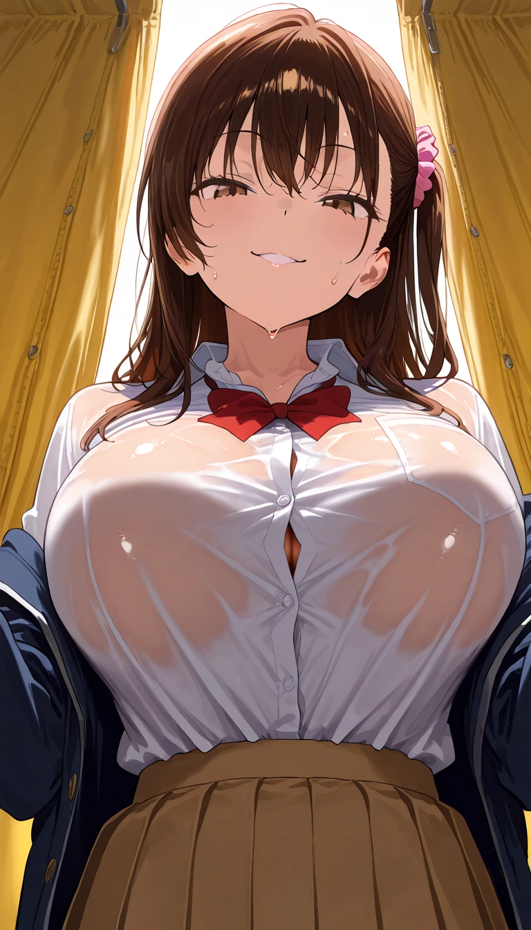 Black bob hair、hairpin、high school girl、Ahegao、、Large Breasts、Soft Breasts、The man behind、((Her breasts are massaged vigorously from behind with both hands:1.5))、Saggy breasts、Grab me、Pale pink nipples、Pink Panties