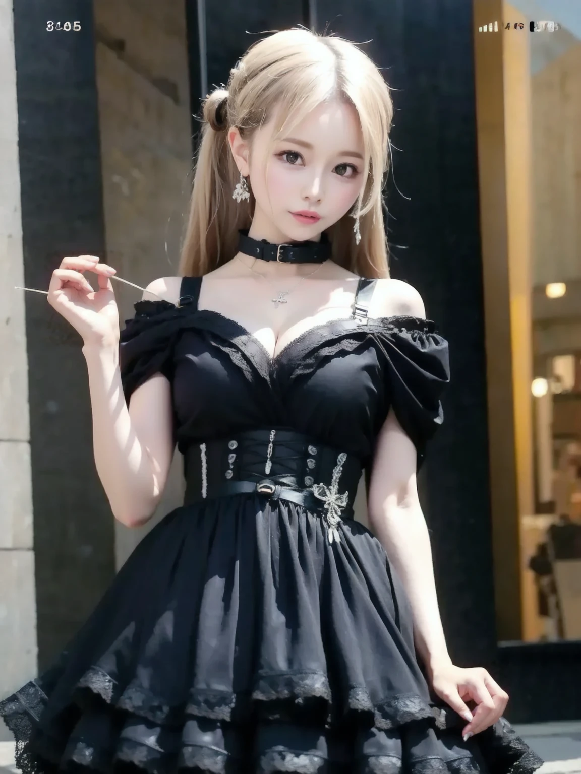 japanese girls、18yo girl、ple short hair、Blond Hair、bangs、BROWN EYES、Perfect figure、Sense of transparency、luster、glosodest chest、BREAK (Japanese Landmine Fashion:1.2), (black dress with ruffled sleeves and lace hem:1.4), ((mini length, fitted bodice):1.5), (black lace petticoat:1.3), (black knee-high socks with lace trim:1.3), (black platform shoes with jewels and ribbons:1.3), (black handbag with chains:1.3), ((black choker, earrings, and rings:1.2)、Burning body、hposing Gravure Idol、On the train、Beautiful feet、Strong sunlight、Nasty、Rain-drenched body、wet、actress、hposing Gravure Idol、Nogizaka Idol、korean idol, BREAK , skin color, huge breasts, laughter, (8K, RAW photo, highest quality, masterpiece: 1.2), masterpiece, super detailed, 超A high resolution, (realistic and realistic photos: 1.37), High-definition RAW color photo, very delicate and beautiful, very detailed, 8k wallpaper, amazing, detailed, very detailed目, very detailed肌, very fine fingers, hvery detailed nose, very detailed口, perfect anatomy, Translucency、Transparency、18years old,Italy、American、Australia, BREAK ((upturned eyes)),((Angle from above:1.3)),from above、Looking at camera,