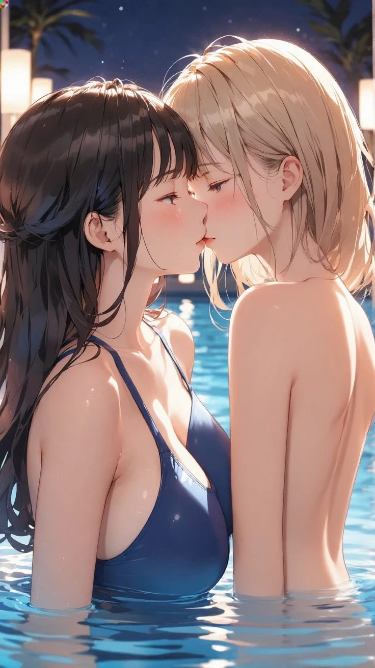 Female couple kissing naked woman in the water on deserted beach at night, (SFW) Work, kissing together cutely, Girl Love Art, OPPEIN, Side milk, Slightly saggy big breasts, small breasts, (((Extra long yellow curly hair))), (((Brown shoulder-length straight hair))), (girl love kiss), The mouth is very detailed, (girl love hug), touch her clothes, (touching each other's breasts), ((sweat)), ((wet hair)), SFW version