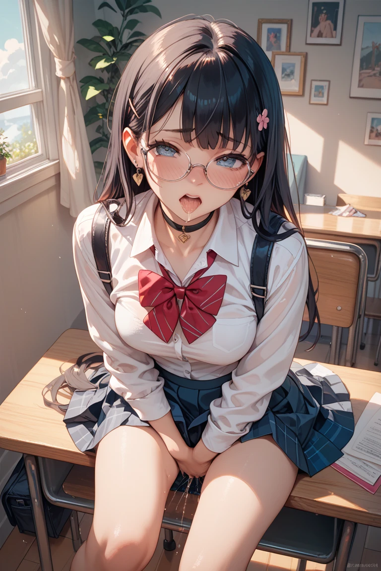 (best quality, masterpiece, anime, 4k, extreme detail), 1girl, slutty, long curly hair, dark hair, slutty makeup, ruffled shirt, pleated skirt, plaid skirt, super textured outfit, slim figure, small breasts, silver piercings, thick glasses, round face, big lips, lipstick, long legs, spread legs, no panties, vulva, sat in a classroom, at a desk, tied to her chair, bound, bdsm, flushed, grumpy, outfit, from the front
