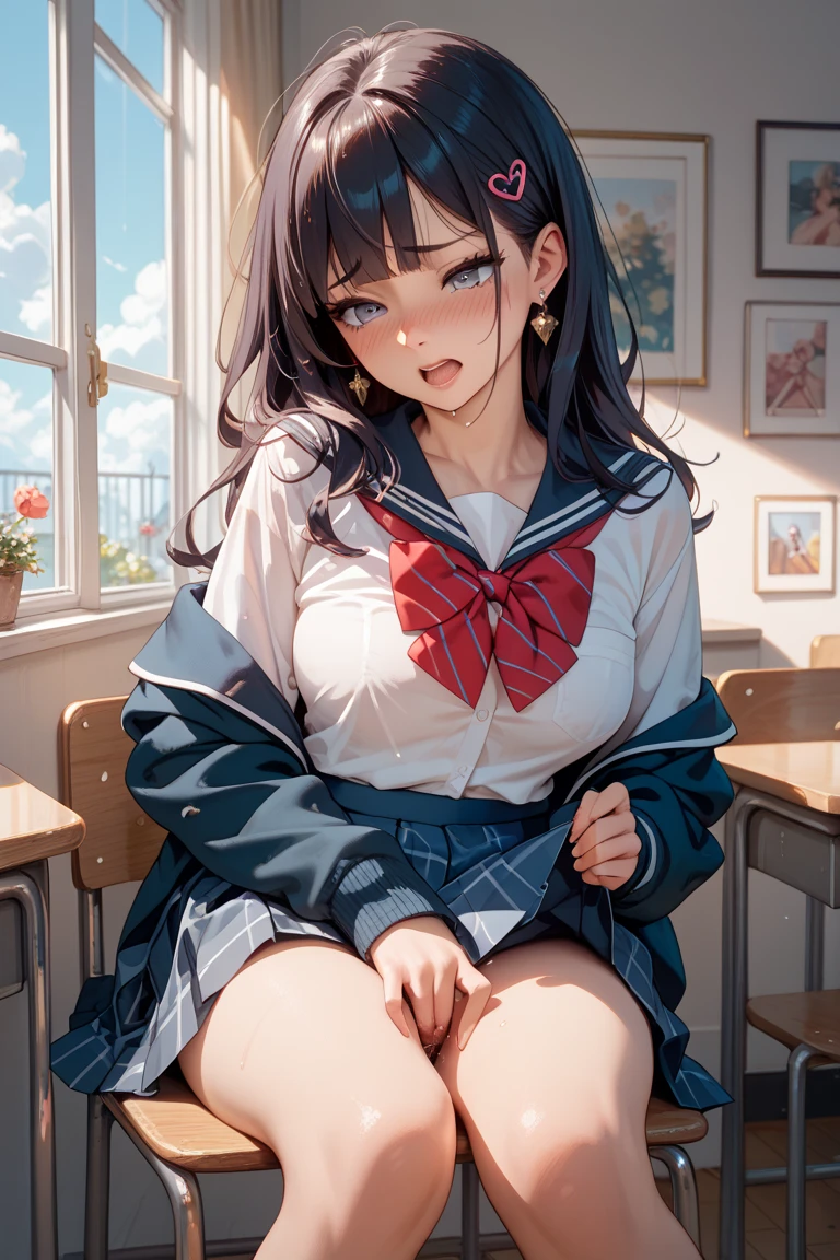 (highest quality, 4K, High resolution, masterpiece:1.2), Very detailed, one person, woman, (JK, , Sailor suit, Micro Mini Pleated Skirt, Striped pants), Water reflection, Grace, Graceな動き, School classroom、Great atmosphere, Blowing in the wind, Provocative Hips, Beautiful details, Beautiful lip detail, Long eyelashes, Bright colors, Soft and warm color palette, Great lighting, Blurred Background, Graceな動き,Short skirt、I can see her panties、Short-sleeved uniform、Sheer uniform、Body wet from rain、Bend your knees and spread your legs wide