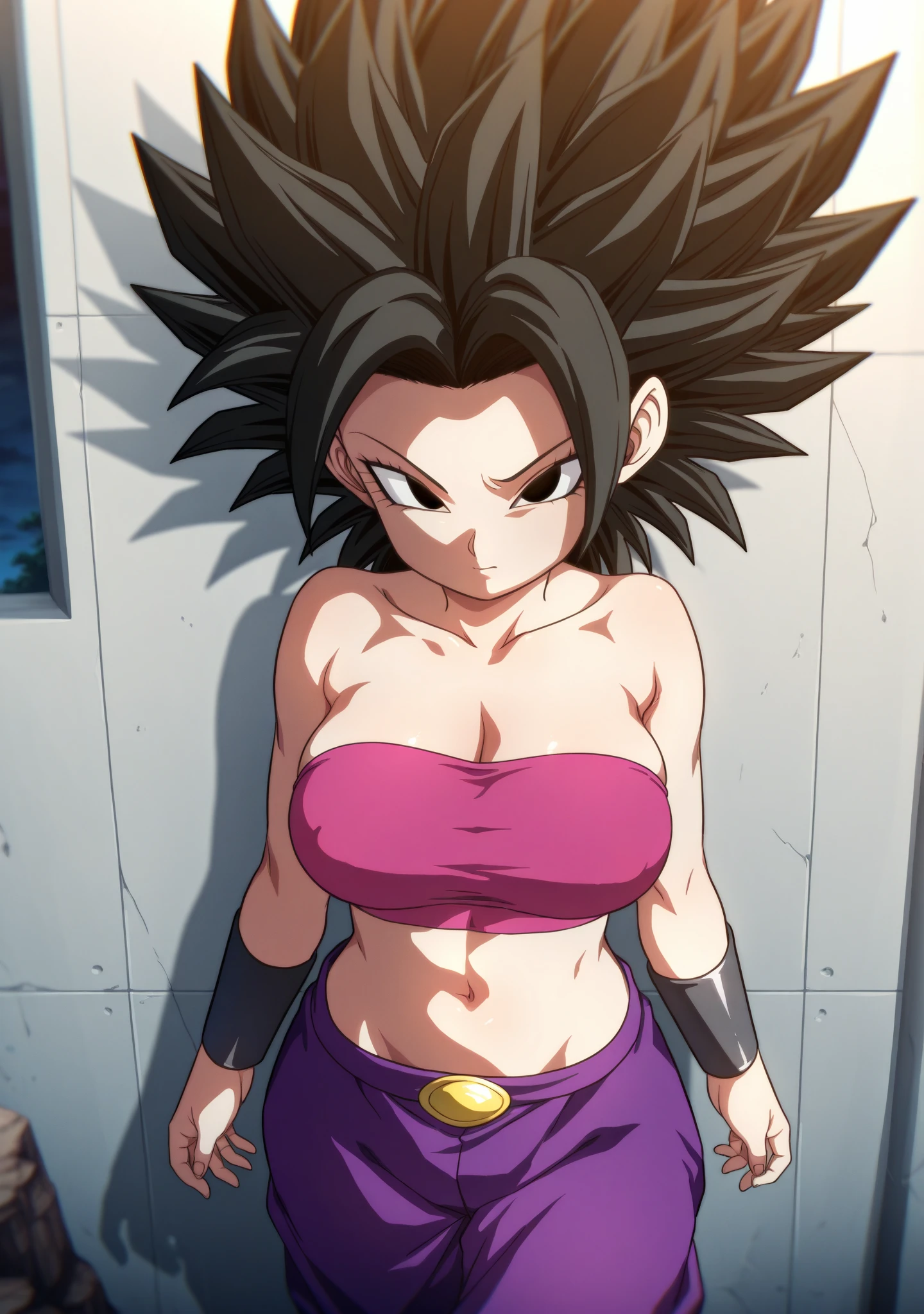 masterpiece,  caulifla, black hair, spiked hair,  black eyes, , , looking at viewer, , smile, ,  , , , huge breasts , black bed  , massive round breasts , purple baggy pants , black curtains , blushing , super round breasts , red blushing , small muscles , black room , massive round breasts  , teeth , curvey body , six pack , gripping breasts , sitting on bed 