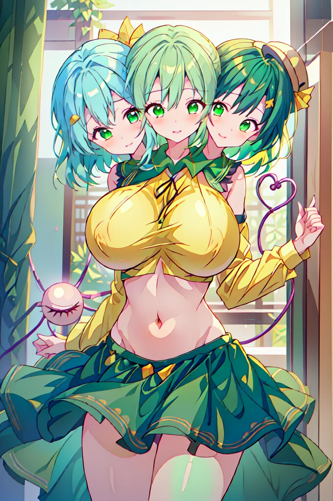 (masterpiece, best quality), best quality, best resolution, (ultra-detailed), (3heads:1.5), 1girl, (kyouko kasodani:1.3), masterpiece, top best quality, ultra quality, ultra resolution, ultra detail, pale pink top, crop top, ((stomach)), midriff, ((groin)), white skirt, with black trim, miniskirt, normal ears, shackles, teal hair, very long hair, wavy hair, sidelocks, teal eyes, very detailed eyes, very beautiful eyes, parted lips, sweat, cute, toned belly, hand on own chest, eyelashes, (26 year old woman:1.3), (masterpiece:1.5), (best quality:1.5), (beautiful detailed), extremely detailed CG, extremely delicate and beautiful, depth of field, (finely detailed face), (perfect details:1.2), (mature female:1.3), wide pelvis, slender, large veiny breast, 16k resolution, highres, very high quality, very high definition, extremely detailed, masterpiece, teal hair, long hair, alluring presence, twin braid, short skirt, close up, very big tits, huge tits, young, open plains background,
