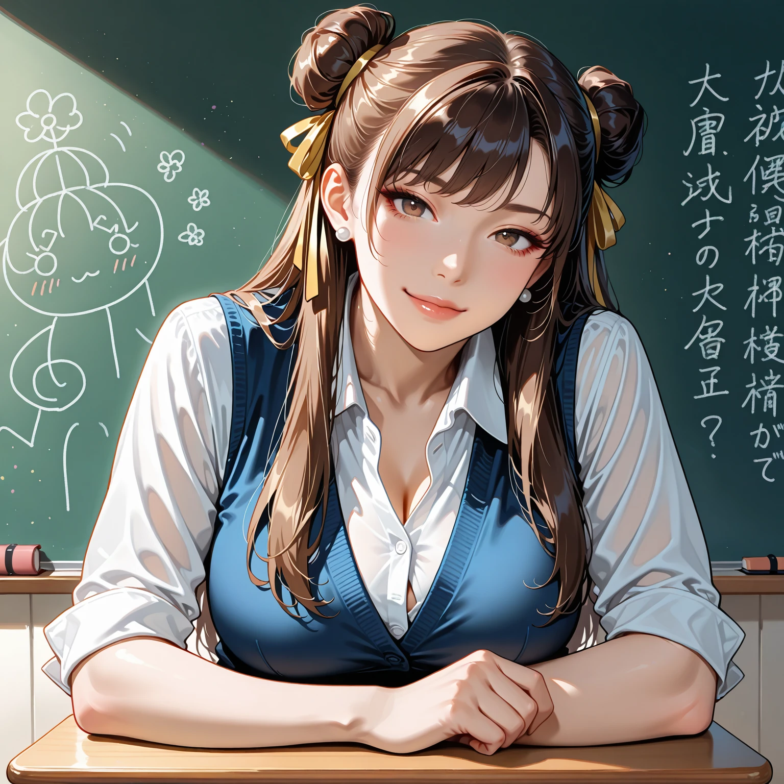 (1lady solo), sitting, office worker, ((navy vest:1.1) over gray sleeveless dress shirt), mature female, /(dark brown hair/), kind smile, (masterpiece best quality:1.2) delicate illustration ultra-detailed, sagging huge breasts, bowtie BREAK (modern office) indoors, (reception desk), (stylish company logo on wall) , detailed background, ((showing hairy armpit hair)), hand behind the head, zoom upper body, thick makeup