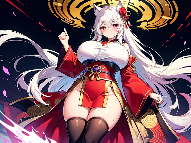 (best quality,4k,highres),fluffy,white fur,adorable face,red accents on fur,breasts,beautiful lighting,ambient light,extremely detailed fur,volumetric lighting,fox,Chinese style,kneeling pose,smiling,looking at you.