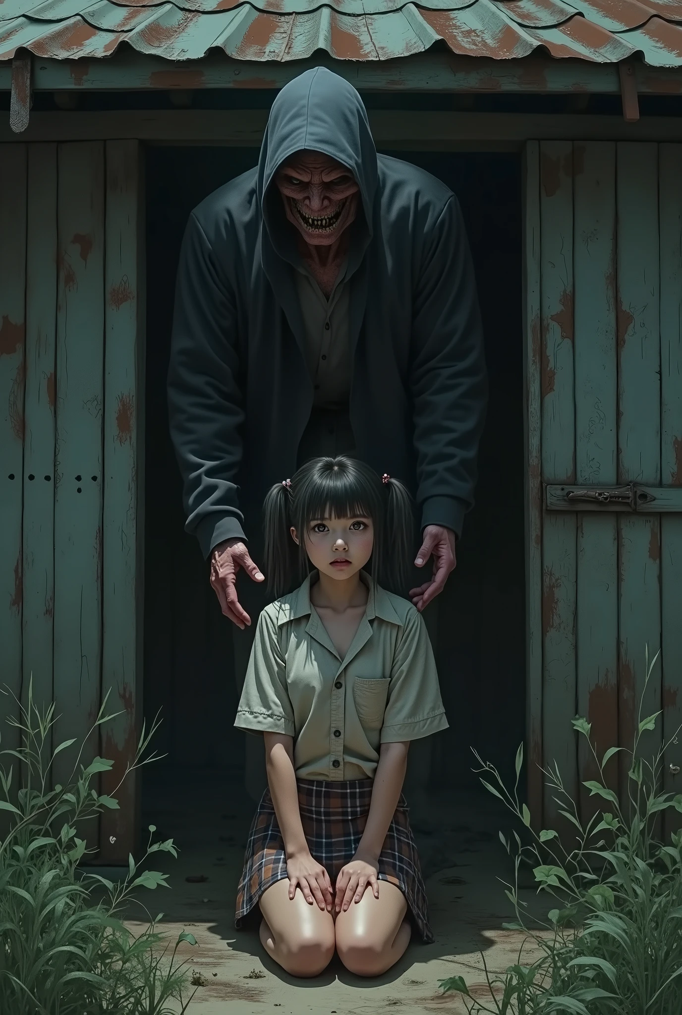 fifteen-year-old girl、Japanese girl with two pigtails, buttonless shirt , Naked neck without a bra ,very short plaid miniskirt、Kneel、Subordinate, Dark, stagnant sky 、A scene of a girl being stripped of her body by a、rogue in a tattered old hut with weeds growing all around、Terrified Woman、(Babyface、Small Faces)、Excellent Quality、 Dirty clothes.、Ruined World