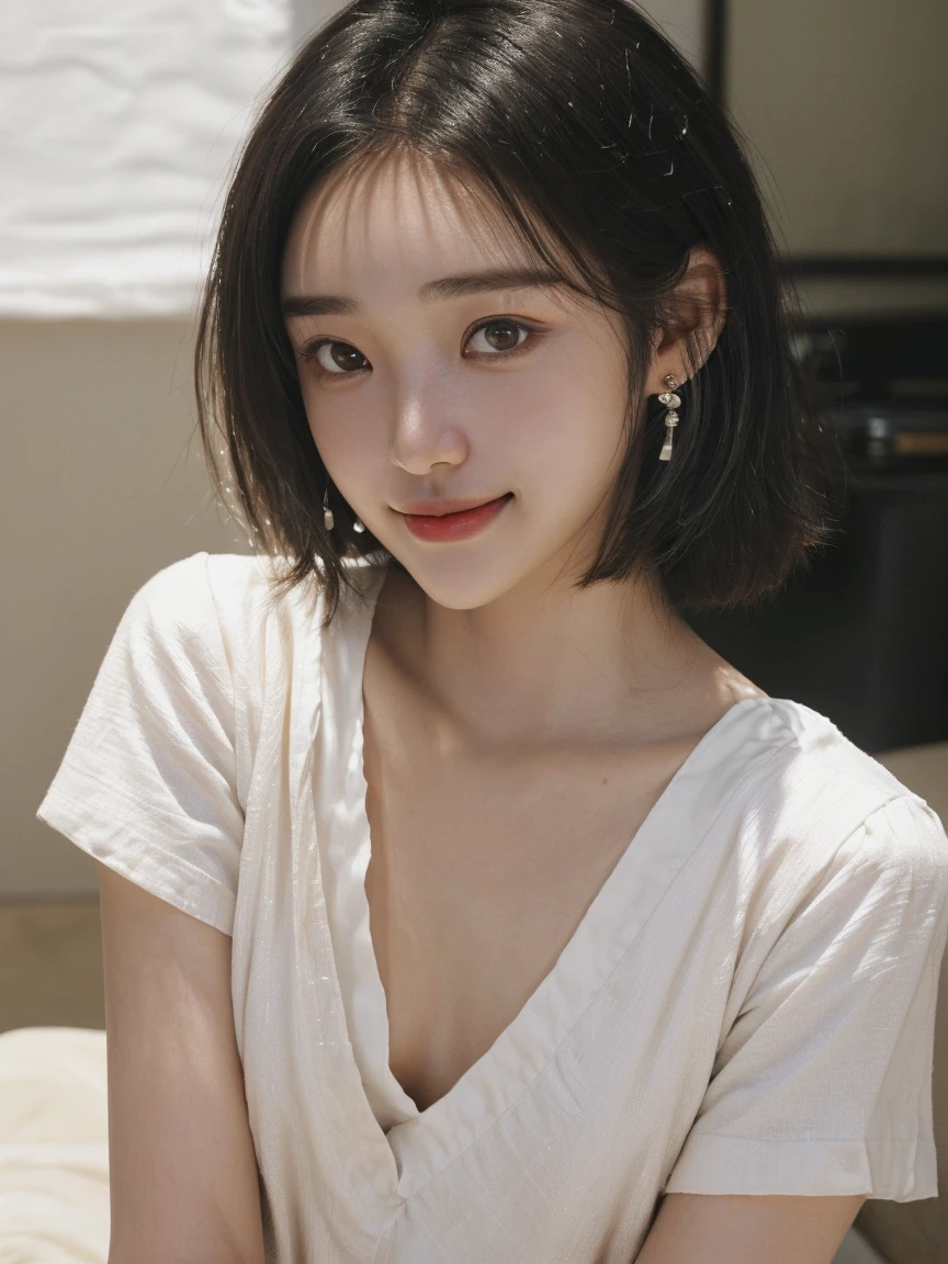 masterpiece, film grain, from above, upper body photo of a Young girl in a white sheer fabric(short camisole), solo, ((hardnipples)), absurdity, realistic(face, body, skin, high detailed skin, skin pores), (cute:1.35), cuties, (big breasts:1.275), detailed black eyes, innocent eyes, blusher, black choker, earrings, short hair, (messy bob hair), areola slip, areola slip out, Very Short Black Hot Pants, shiny pink lips, closeup, look at viewer, open lips, upper teeth, (smiling eyes:0.375), ((grinning:1.125)), depth of field, outdoors, cinema light, blurred background, eye focus, Bokeh, Professional Lighting, Portrait, Photon Mapping, Radiosity, Physically Based Rendering, soft light, (nsfw:1.1),