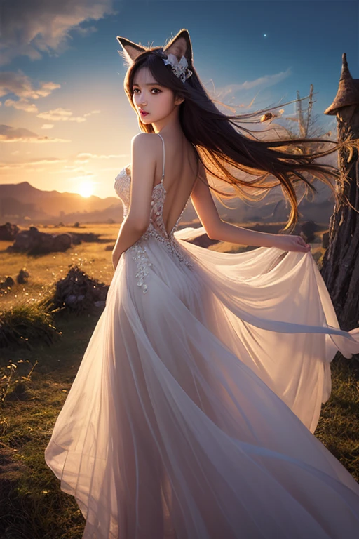 A majestic woman soaring gracefully through the sky, with long flowing hair trailing behind her. She wears an elegant, flowing gown that ripples in the wind, shimmering with shades of blue and silver. Her outstretched arms give the impression of freedom and strength, with perfect hands elegantly poised. The sky around her is a brilliant mix of sunset colors—orange, pink, and purple—casting a magical glow. Wispy clouds float around her, and the light from the setting sun highlights her serene, yet sad and melancholic face. She flies over a lush medieval garden, filled with vibrant flowers and ancient stone pathways. The overall scene is ethereal and dreamlike, capturing a moment of pure liberation and beauty, while maintaining a SFW image.