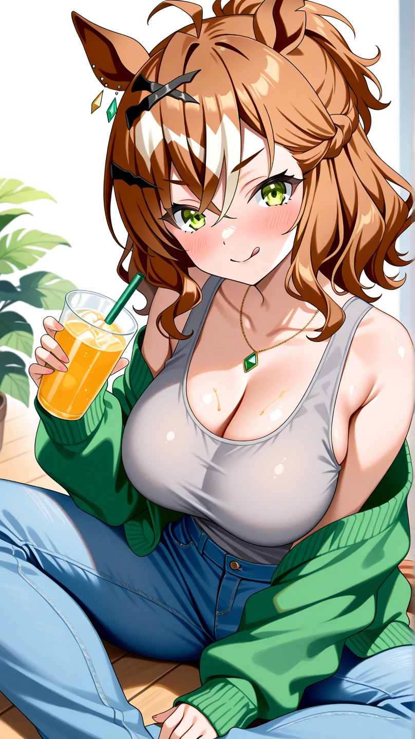 High resolution, high quality, 1 girl, anime girl, brown long hair, brown eyes,heart-shaped pupil, Green glasses, tanned skin, big breasts,beautiful breasts, (big ass),beautiful butt,white ,squat,(drink a lot of juice),(inflate one&#39;s stomach),(lemonade),(lemon juice),(orange juice),(mango juice),(Binapple juice),(water),at the cafe,