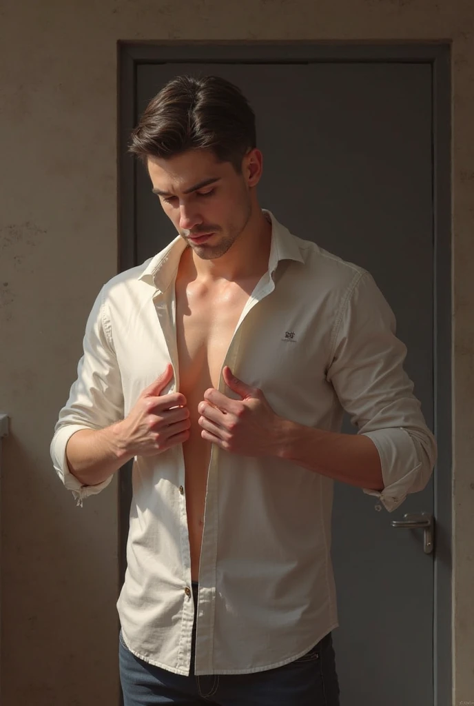 A student boy with bag white shirt open buttons chest and abs sexy look upto leg no clothes , almost a zip open , no pents , no underware , totally nude, with a penis