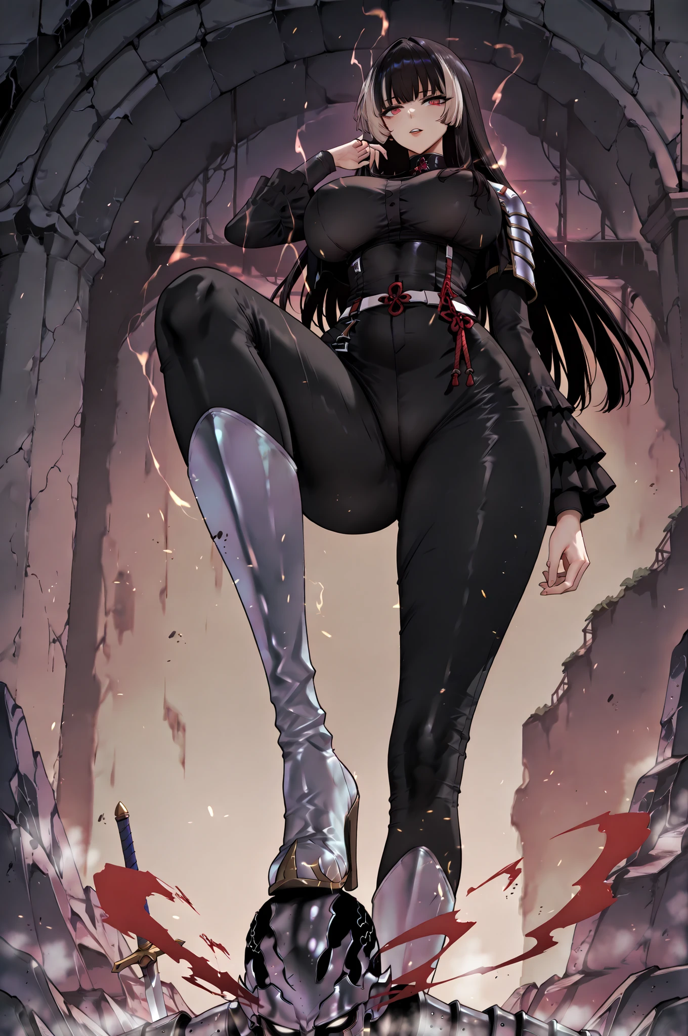 soloパーティ、solo討伐stomp、stompる、soloプレイ、solo、taken from below、caveの中、Hunter、Ruins、Attach a、black suit、Attach a、sword、Japanese sword、black longsuit、 black long jacket、ゴスロリなshirt、Depressed、Tall Woman、A woman in her thirties、 Alassah's woman、Steins;Gate、 black longsuit 、score_9, score_8_up, score_7_up, Source_anime,masterpiece、No expression、no makeup、top quality,beautifully detailed eyes in a logistics warehouse, Exquisite Eyes、A sophisticated eye、highly detailed eyes and face,unmotivated expression、lethargic face、 long breasts, Black Jacketを羽織る、Black Jacket、shirt, big saggy breasts, shockingly big breasts, big breasts,big boobs、boobs 、Zitoida, makeup、no makeup、long hair、smooth straight hair、black slacks、tall woman、Tall Woman、plump thighs, parted lips、 shining eyes,(Fire Aura Onkown),dungeon内、Crimson Eyes、long hair、dark haired、黒い髪、long straight hair、dungeon、cave、Ruins、solo、swordを持っている、soloプレイヤー、red aura、 Crimson Aura 、zone、sword、大sword、Japanese sword、Sword、ゴツいsword、厳ついsword、Buster Sword、大Sword、Wide ass、beautiful butt、butt that's stomping on a monster's carcass、long boots、Shoulder Armor、Fearless Laugh、strong、Is confident、suit pants、黒いlong pants、Black Skinny、long pants、Dynamic、Satu、fight、Satu狂、sexual impulses and、bangs、quick bangs、princess cut、モンスターをstompる、low angle、stomp、Black Skinny、モンスターをstomping 、stomping 、stomping する、モンスターの死骸をstompている、Sadist、Extreme sadism、Sado