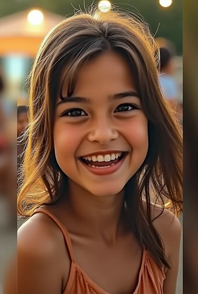 Generate an awe-inspiring hyper-realistic image showcasing a mesmerizing 10-year-old costa rica girl with authentic features, gracefully positioned in front of a dynamic and vibrant cityscape.