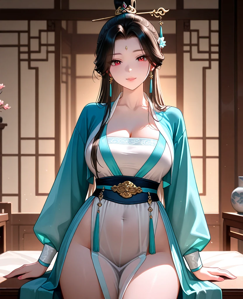 Upper body,oil painted,tmasterpiece,Need,A high resolution,Brown hair long,Jewelry hairpins,Bigchest,Transparent top,No underwear,riverside and rock or temple or bridge,Kneeling pose,(song dynasty,see-through transparent clothes:1.2)