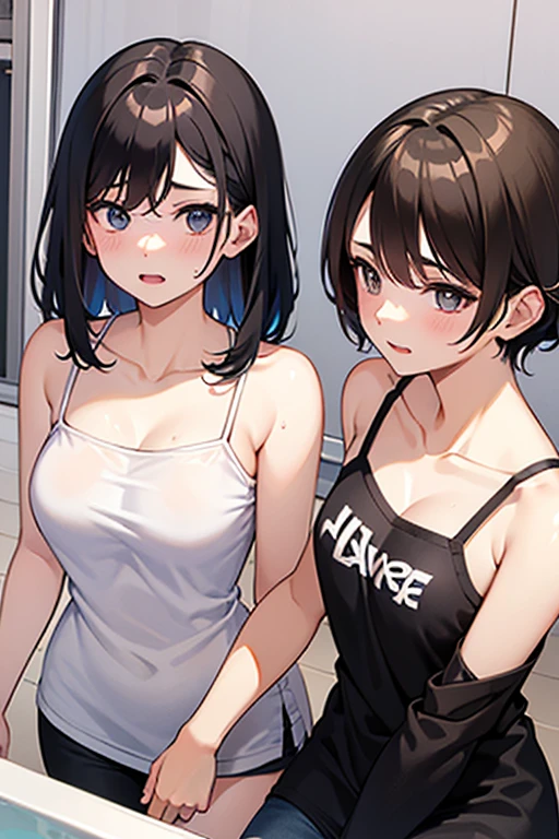 Anime Scene of a Female, with short chin-length wavy brown hair with pink-purple tips, hazel eyes, she is wearing silver earings, she is wearing a black chocker, has fair skin, she is wearing a jeans jacket, she is wearing a green sports bra, she is wearing a black high-waist skirt, she is wearing red converse shoes