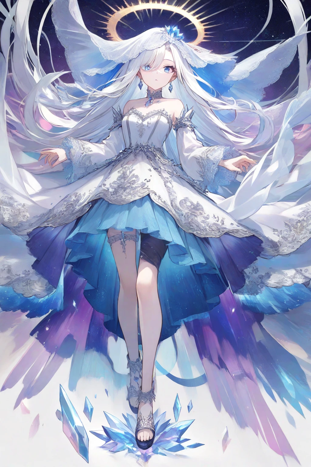 (Character design sheet, forehead, side, back, head, clothing), a girl, pearl white hair, turquoise eyes, fantastic style, flowing dress, lace and ruffles, gems and brooches, elaborate boots, exquisite jewelry, serene look, radiant smile, gently arched eyebrows, serenity and wisdom, empathy and compassion, connection with magic.