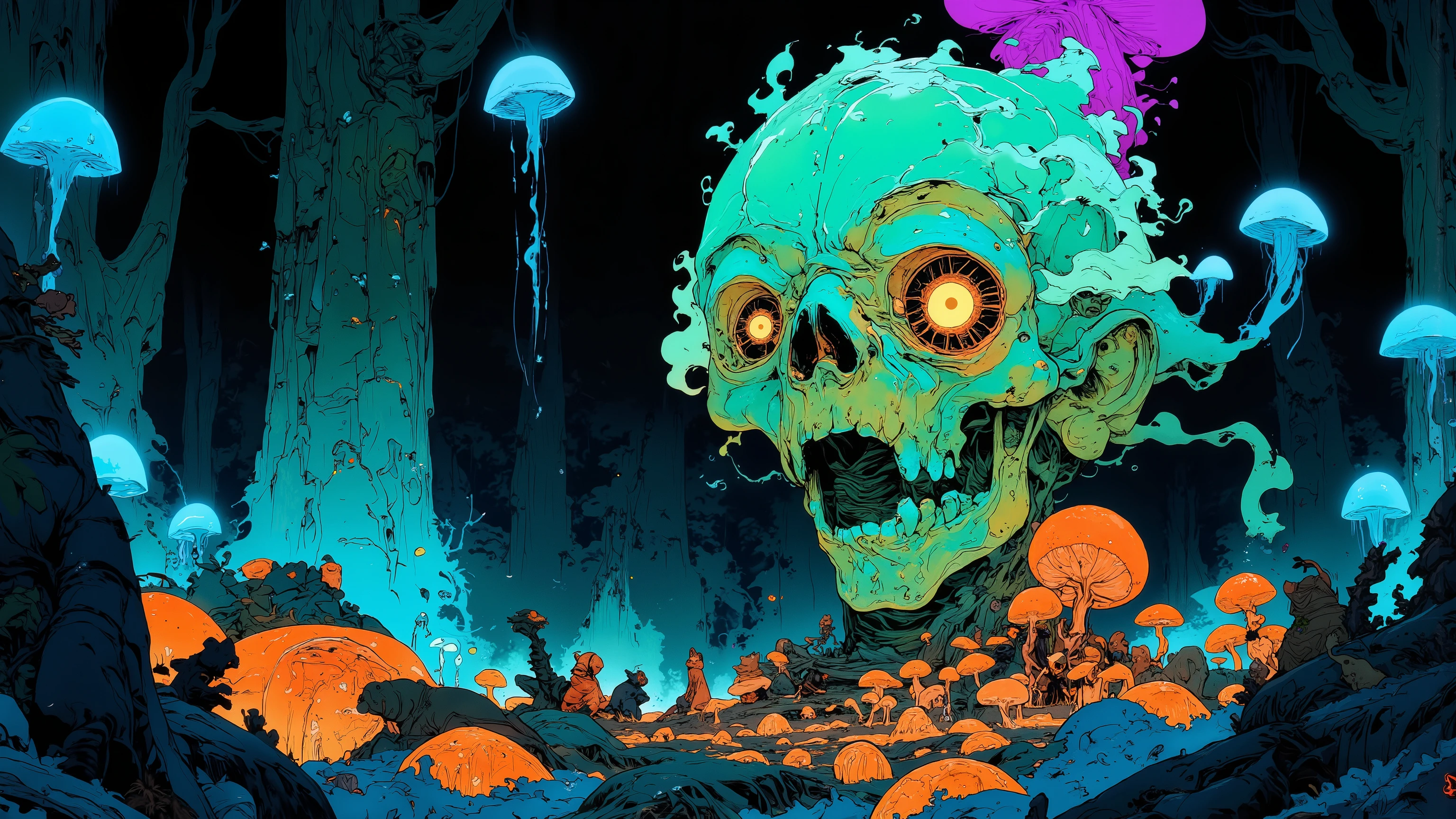 (masterpiece, best quality:1.15), no humans, exhilarating, solo, (skull:1.1), horror \(theme\), skeleton, fungi, mushroom, fungus, spores, bacteria, plant