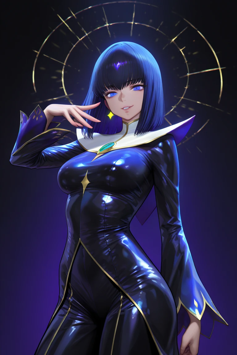 masterpiece, best quality, 1woman adult, older milf, solo, highlight violet blue hair, vibrant aqua eyes (left), vibrant red eyes (right), medium hair with fringe, looking at viewer, cape, High quality metal texture, closed mouth, full body view, high collar, (kbxll:0.6), Fantasy aesthetics, fantasy earring, Highly detailed, perfect body, big breasts, large areola, hard nipple, smirking facial, top view, (big breast:1.8), (areola:1.5), (ahoge:1.3), (slim:1.0), (stars shape eyes:1.5), (nipple:1.5)