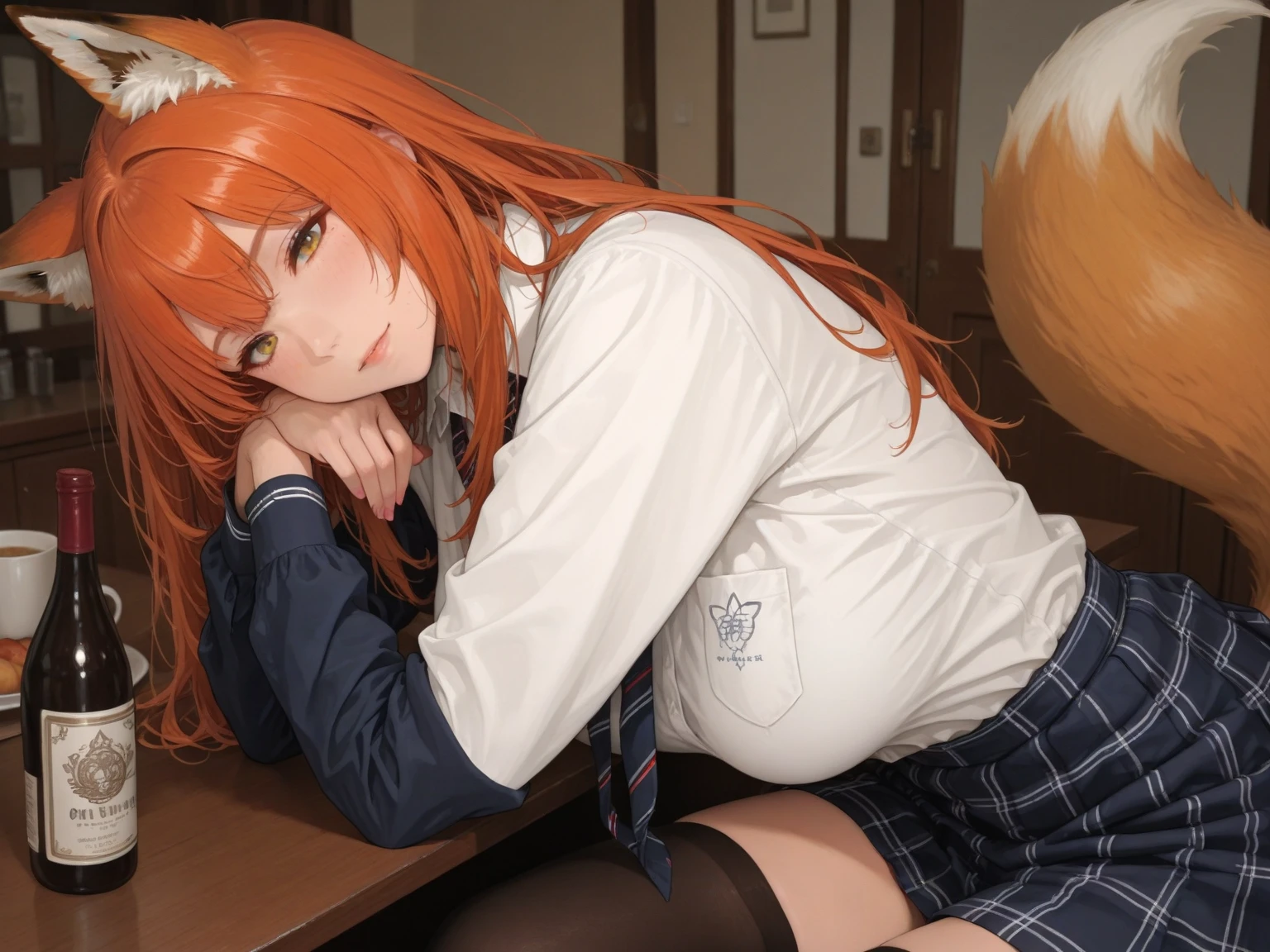 anime girl, 1 person, orange hair, glasses, Crown,maid,fox ear, Fox's tail, front view, big breasts, tights, sitting on desk,exposed chest, underwear, maid suit, shy, blushing, lifting skirt , bright sky, sitting cross-legged, high heels,exposed chest, underwear, middle-aged women, blushing, lifting skirt, showing off underwear, (full HD 4K+ image