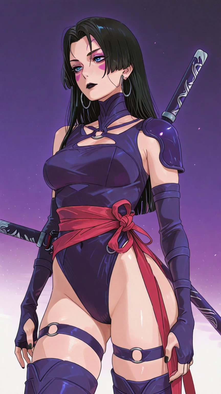 tall strong Asian muscular woman white skin black hair tied in a bun with violet eyes and with an aggressive look and a cut scar on the left side of her cheek and she wears dark clothes with purple details and a black cape with a purple x in him.