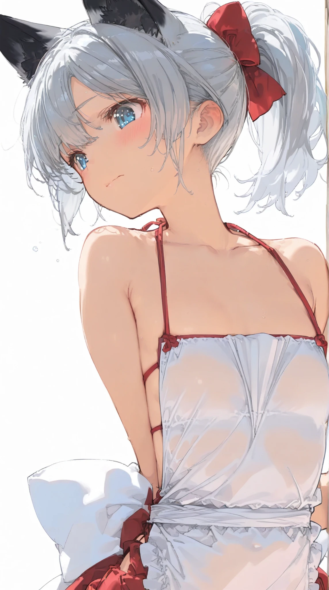 beautiful, masterpiece, Highest quality, anime, One girl, C Cup,Portrait Shot, View your viewers, Covered、Short Hair、nearby、Blue Eyes、art、、White hair,Blue streaked hair、hairpin、Cute smile、Thighs、Cute、Sweat、navel、Armpit、Underboob、Red lace_Micro Bikini、